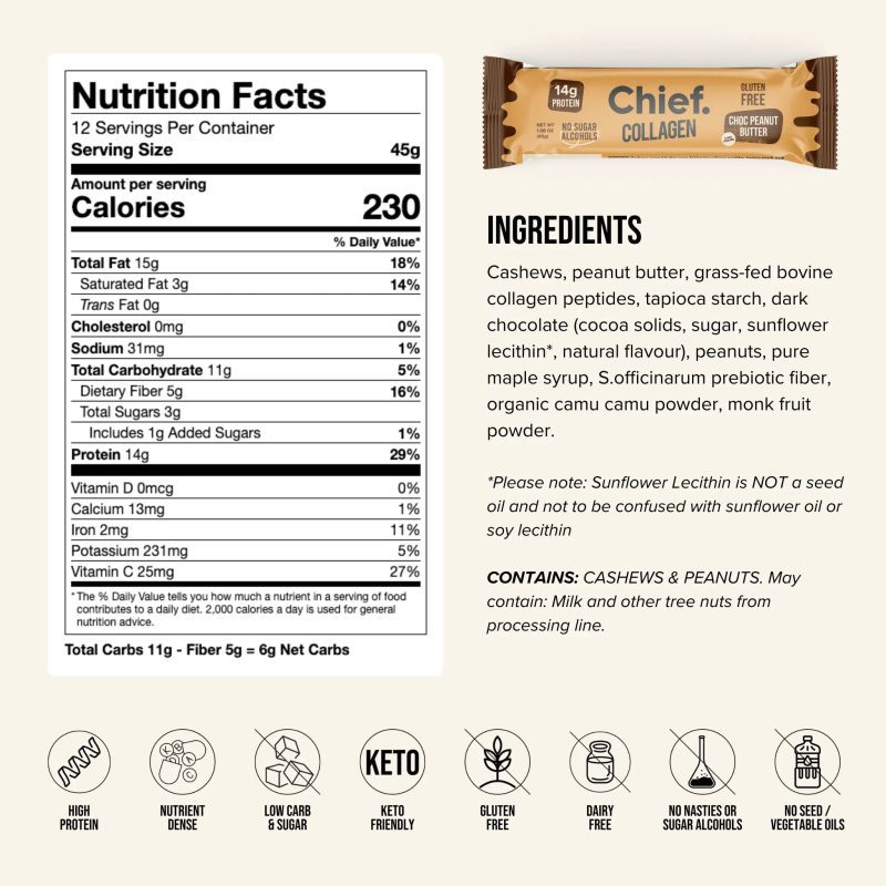 Collagen Protein Bar Choc Peanut Butter 12 bars Chief Nutrition 33101833