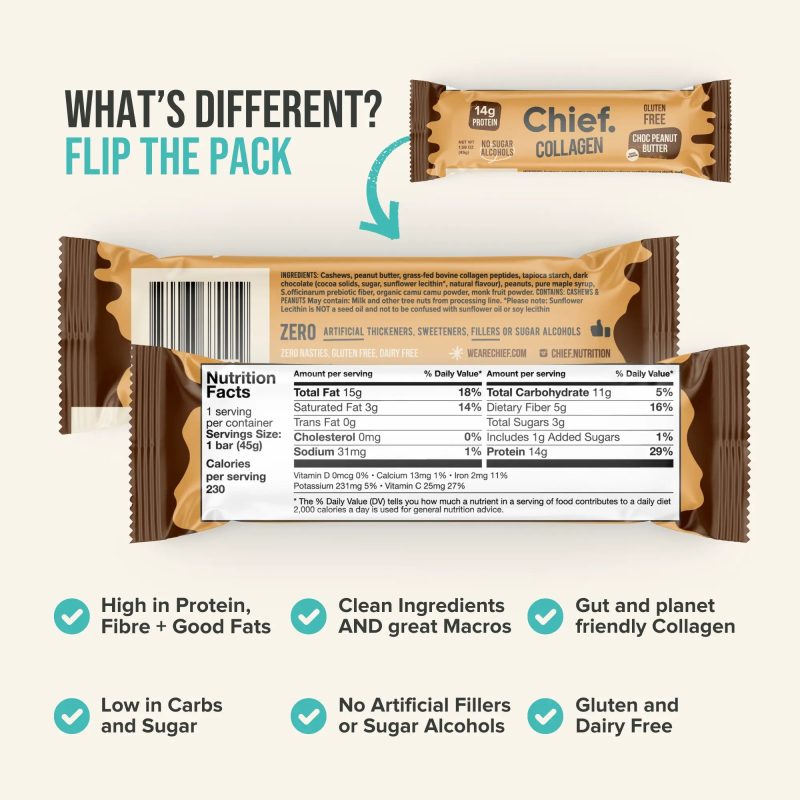 Collagen Protein Bar Choc Peanut Butter 12 bars Chief Nutrition 33101941