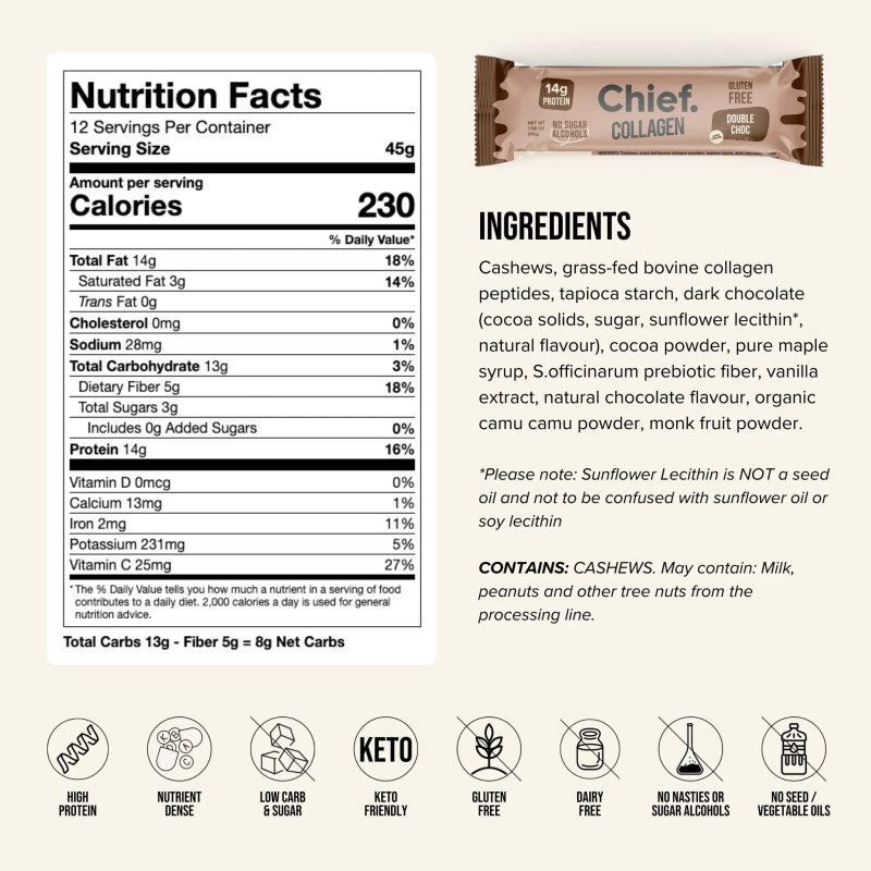 Collagen Protein Bar Double Choc 12 bars Chief Nutrition 33102576